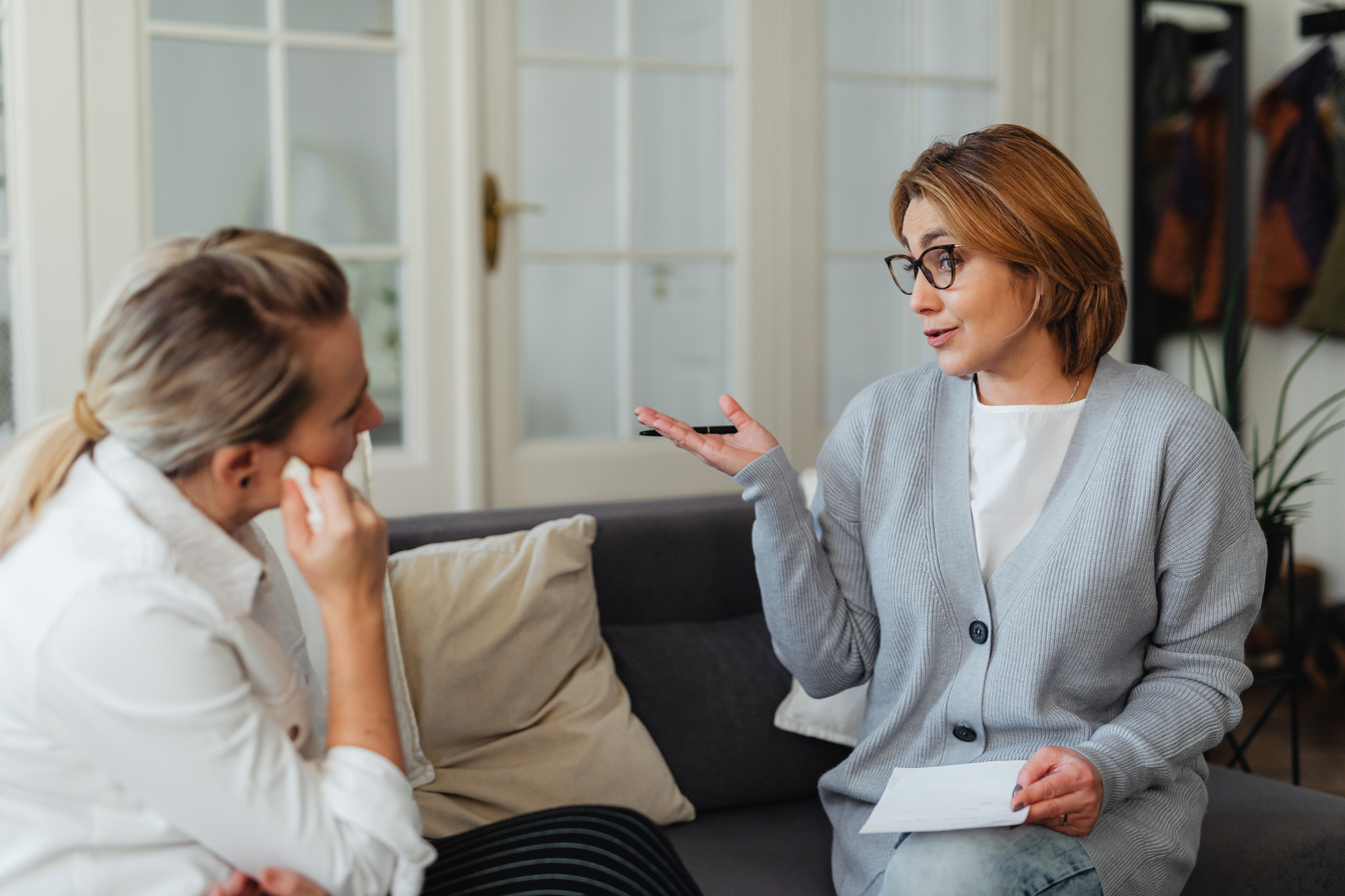 Woman in Gray Long Sleeves Talking to Woman Sitting on Sofa
