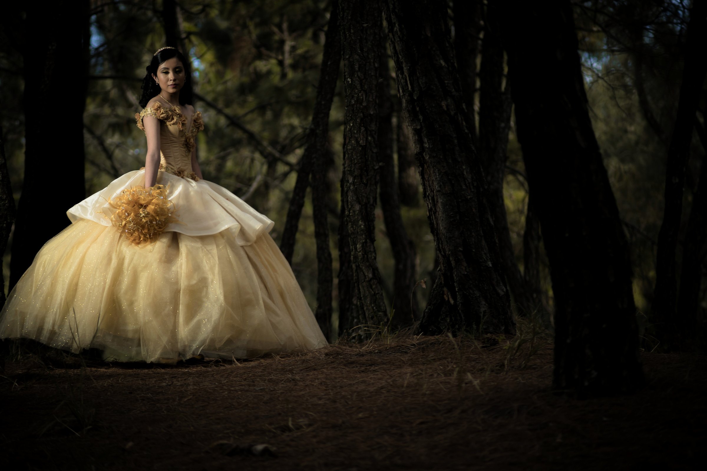 Female Teenager Wearing Her Yellow Ball Gown in the Forest